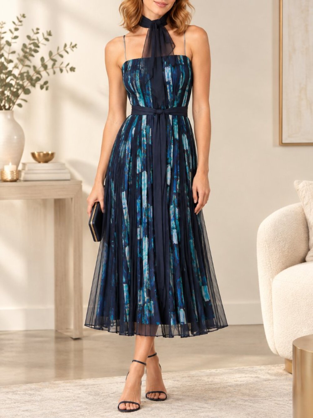 JS Collections Abstract Pleated Midi Dress | Navy Teal Wedding Guest Cocktail